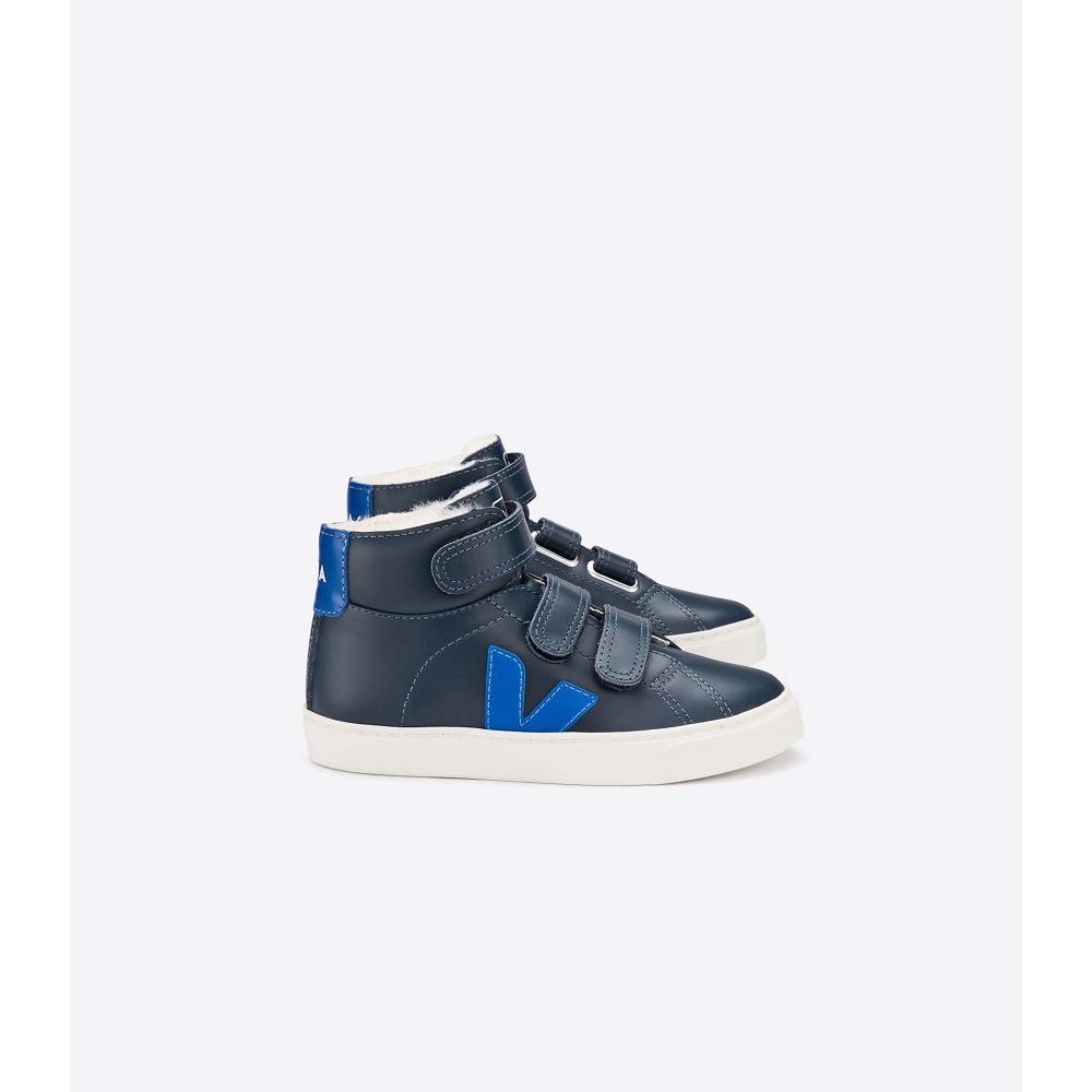 Veja ESPLAR MID FURED LEATHER Kids\' High Tops Blue/Navy | CA 691BEX